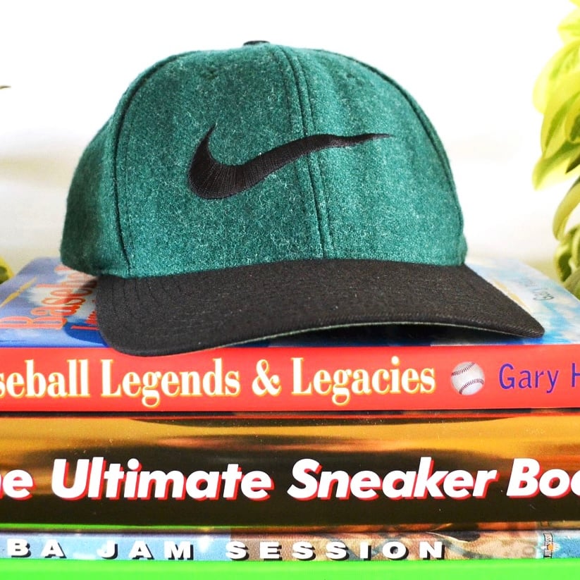 Vintage 1990 s Nike Air Green Wool Big Swoosh Strapback Hat Sole